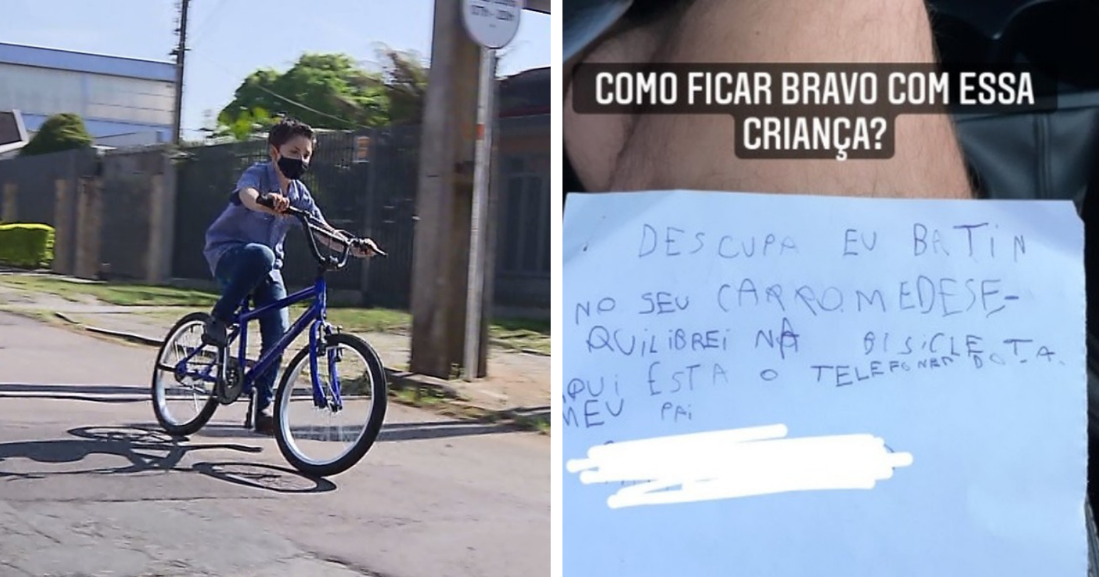 Garoto de 7 anos arranha carro em 'queda' de bicicleta e seu bilhete se torna a coisa mais fofa da web