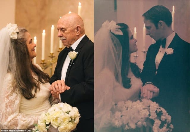 Depois de 50 anos, casal recria fotos de casamento no mesmo local e com mesma roupa