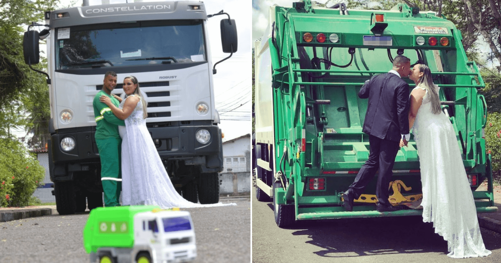 Casal faz ensaio diferente para homenagear noivo motorista de coleta de lixo