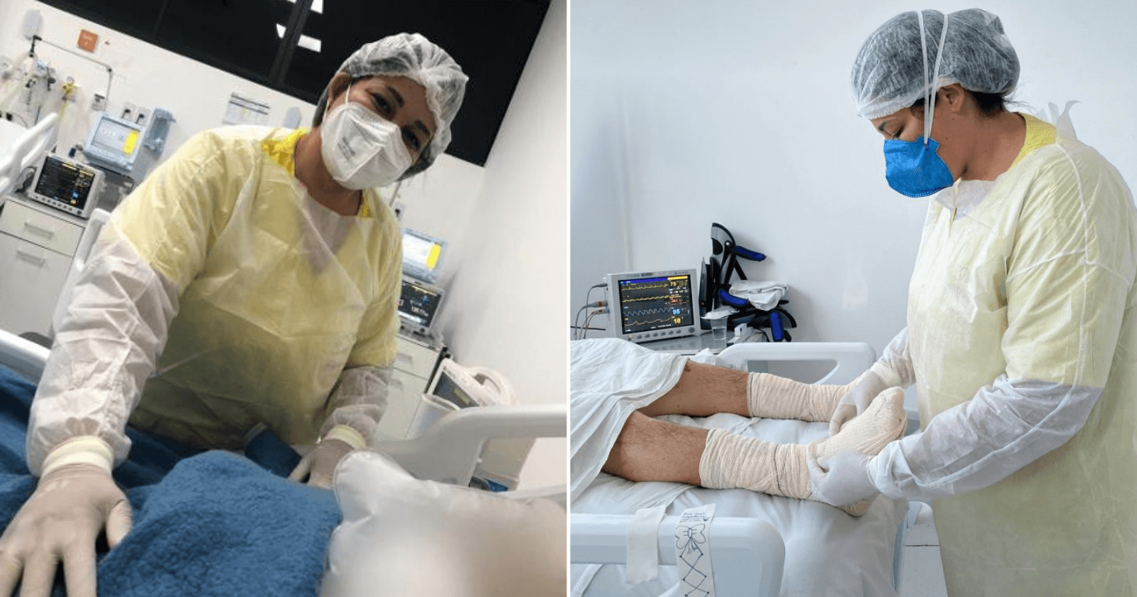Técnica de enfermagem faz sapatinhos com gaze para aquecer pacientes