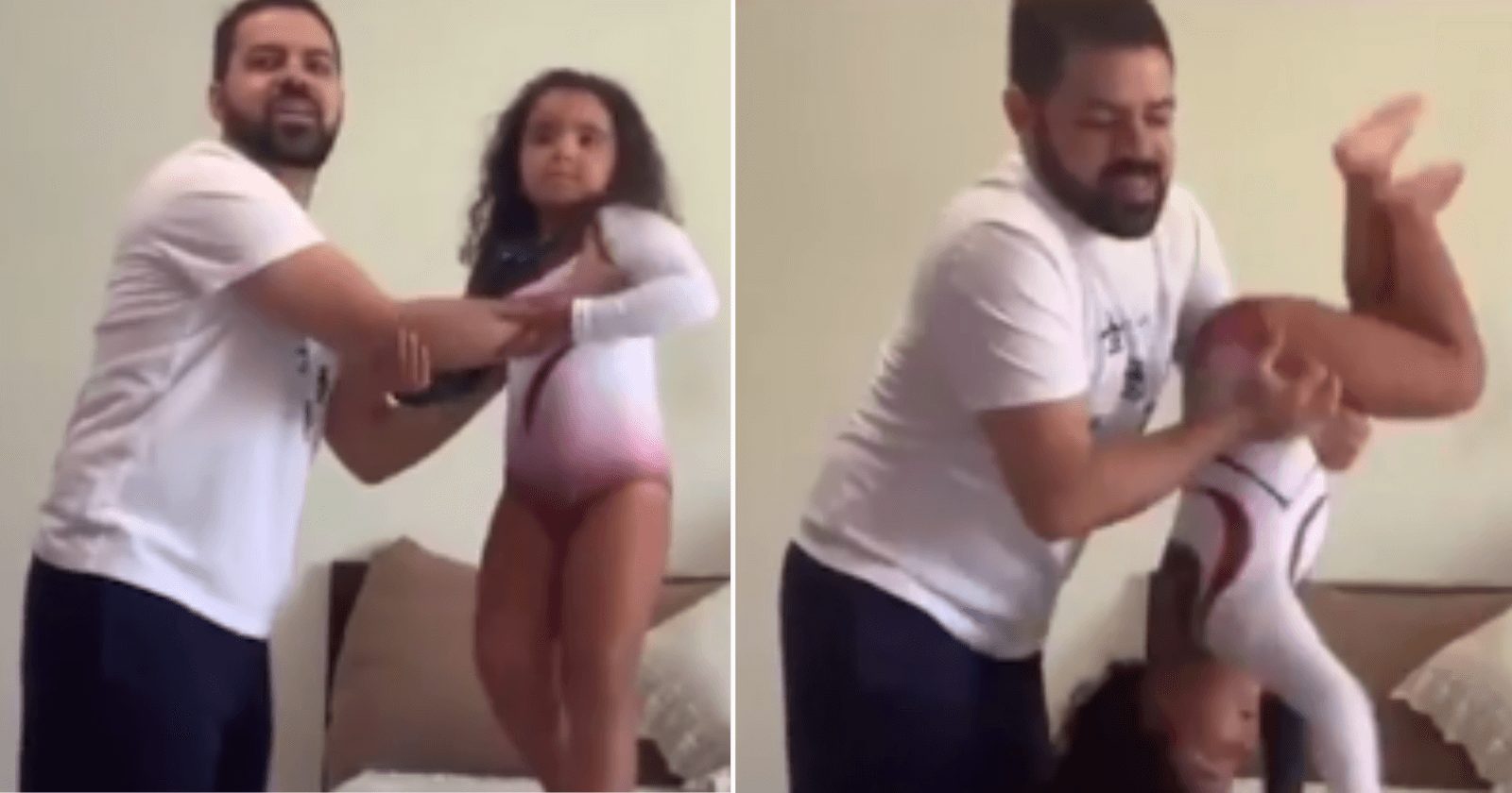 Pai ajuda filhinha a imitar apresentação de ginasta em casa