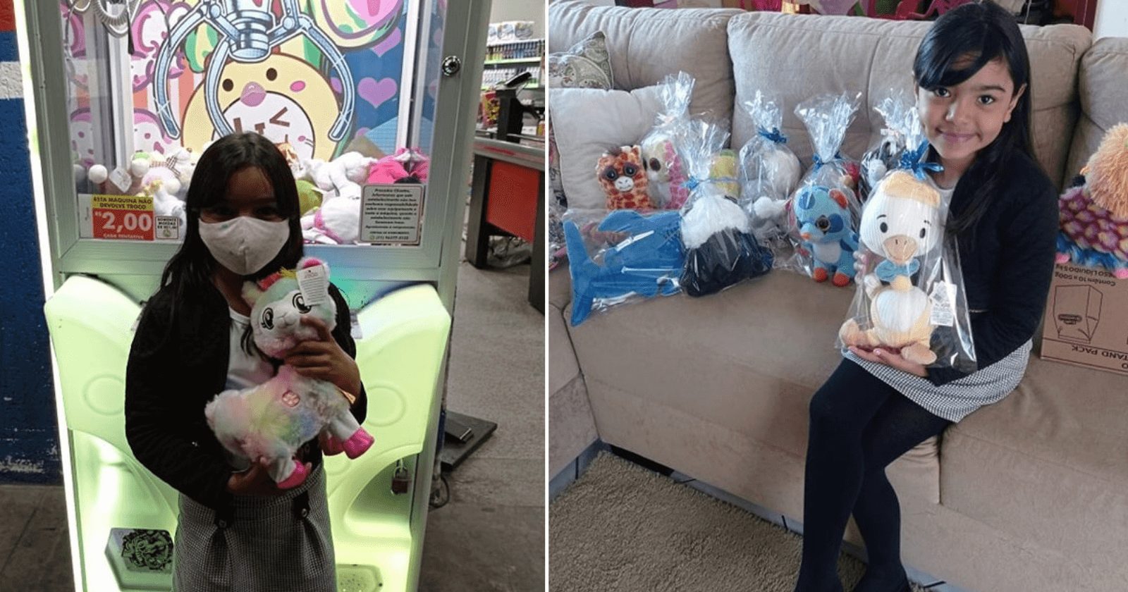 Menina pega 58 ursinhos em máquina e doa para crianças carentes