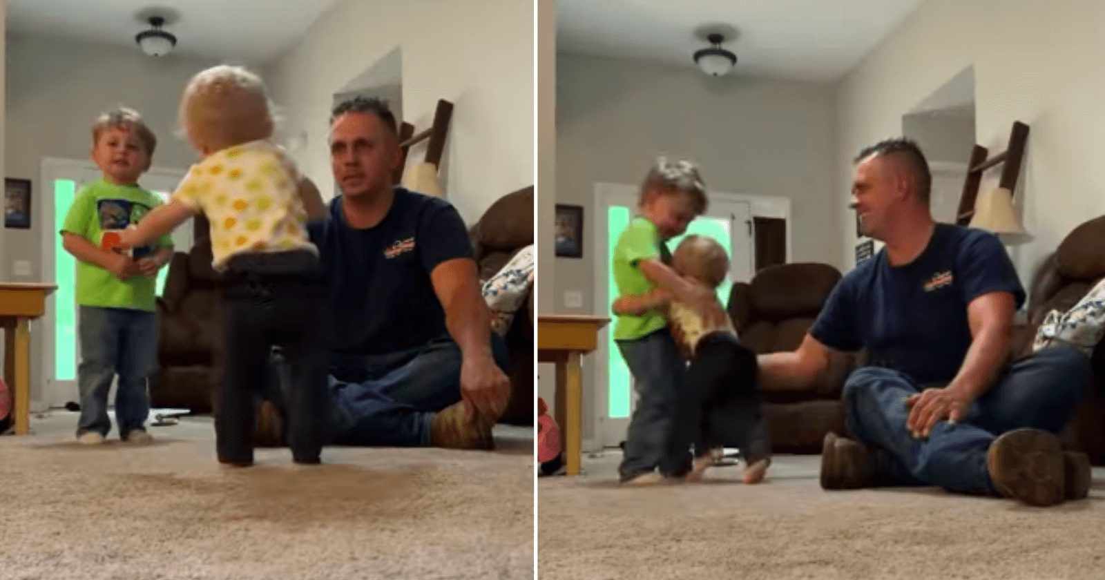 Bebê anda pela primeira vez e surpreende ao trocar pai por irmão