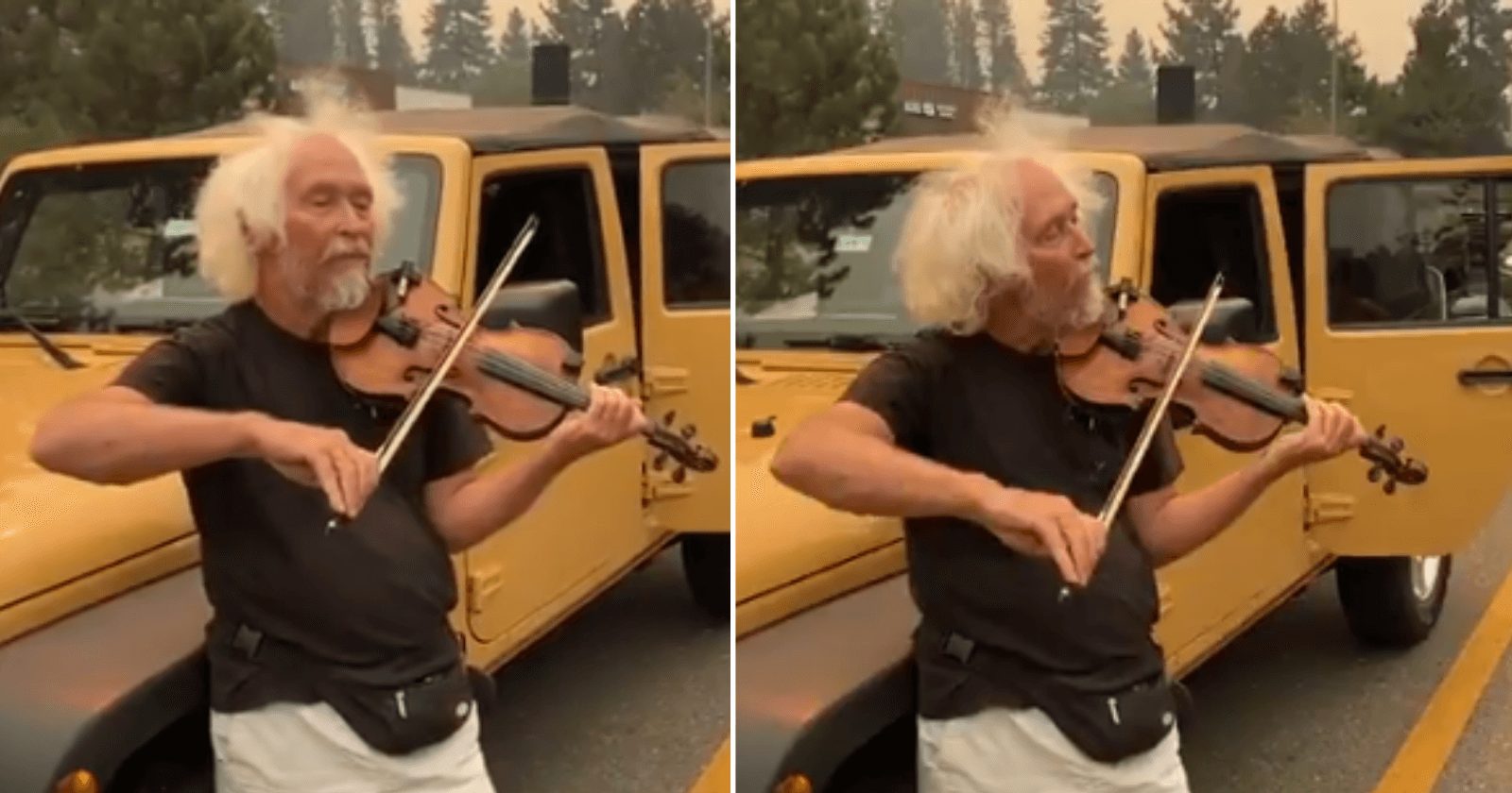 Homem toca violino para acalmar pessoas evacuando cidade