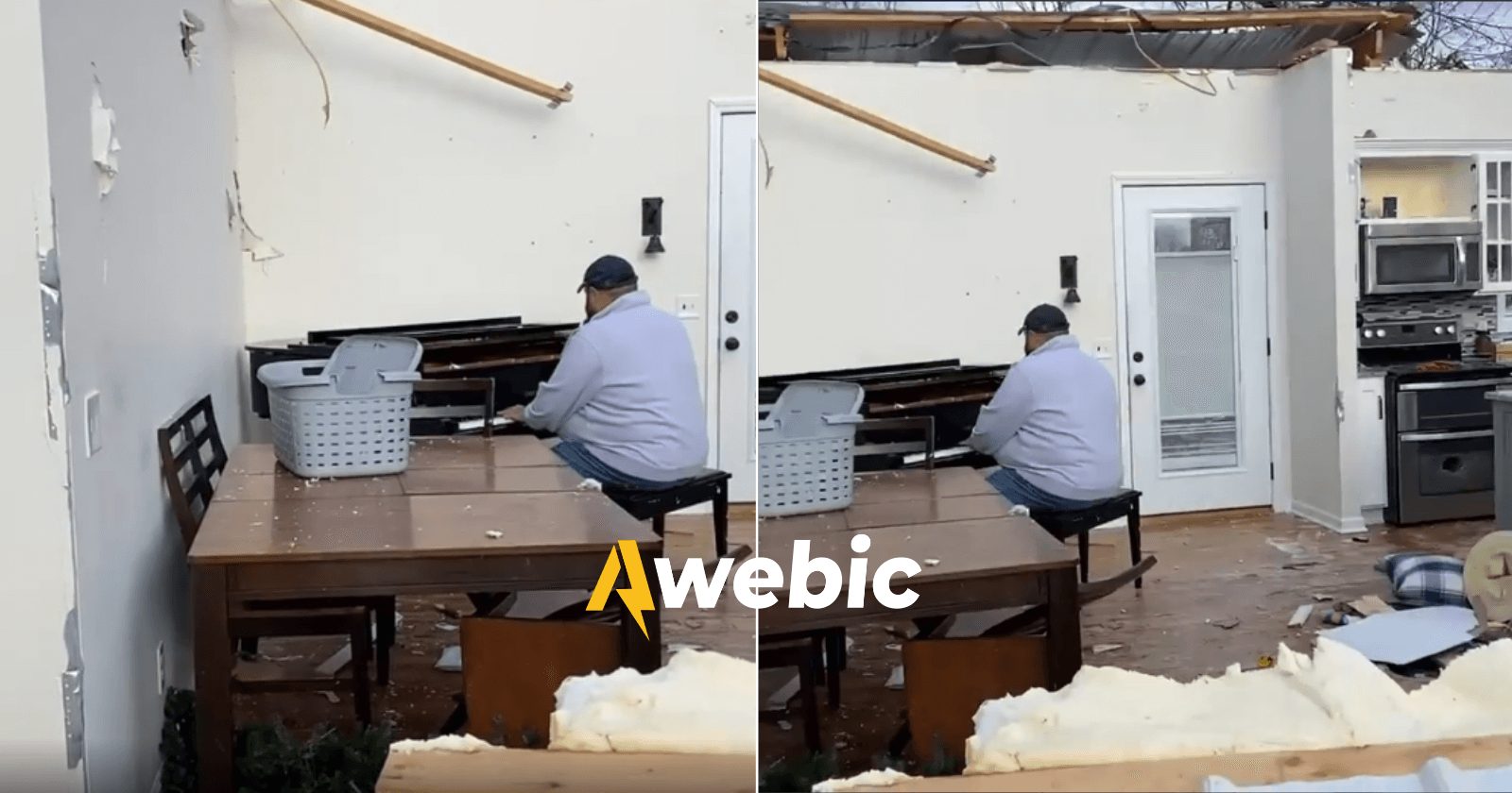Homem toca piano serenamente em sua casa destruída por tornado