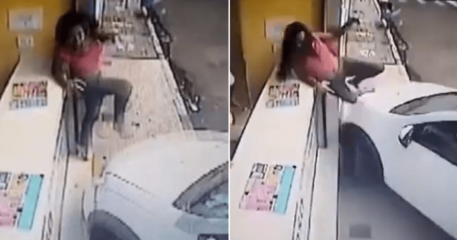 VÍDEO: Mulher se salva de atropelamento passando por cima de carro e segurando um milk-shake