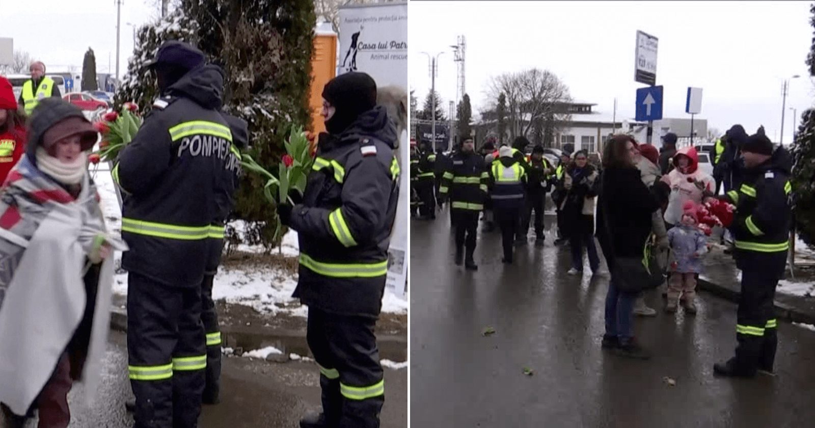Bombeiros da Romênia entregam flores para mulheres e meninas ucranianas