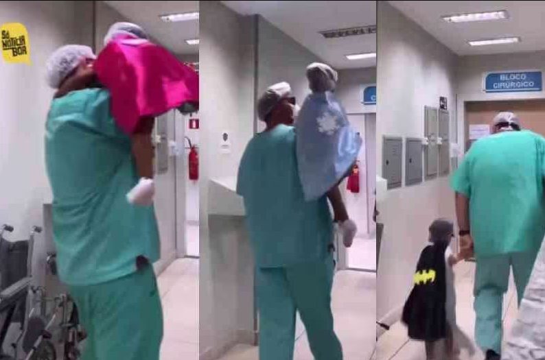 Pequenos heróis: Médico surpreende ao levar crianças vestidas de herói para centro cirúrgico (Imagens: Reprodução/ Só Notícia Boa)