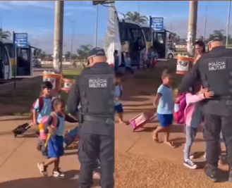 Vídeo de crianças abraçando PM na porta da escola mostra pureza e gratidão aos profissionais (Imagem: Reprodução/ Instagram)