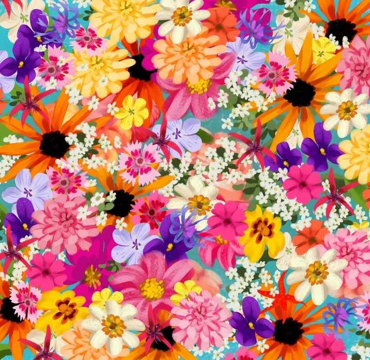 Ilusão do emaranhado de flores coloridas em desafio visual